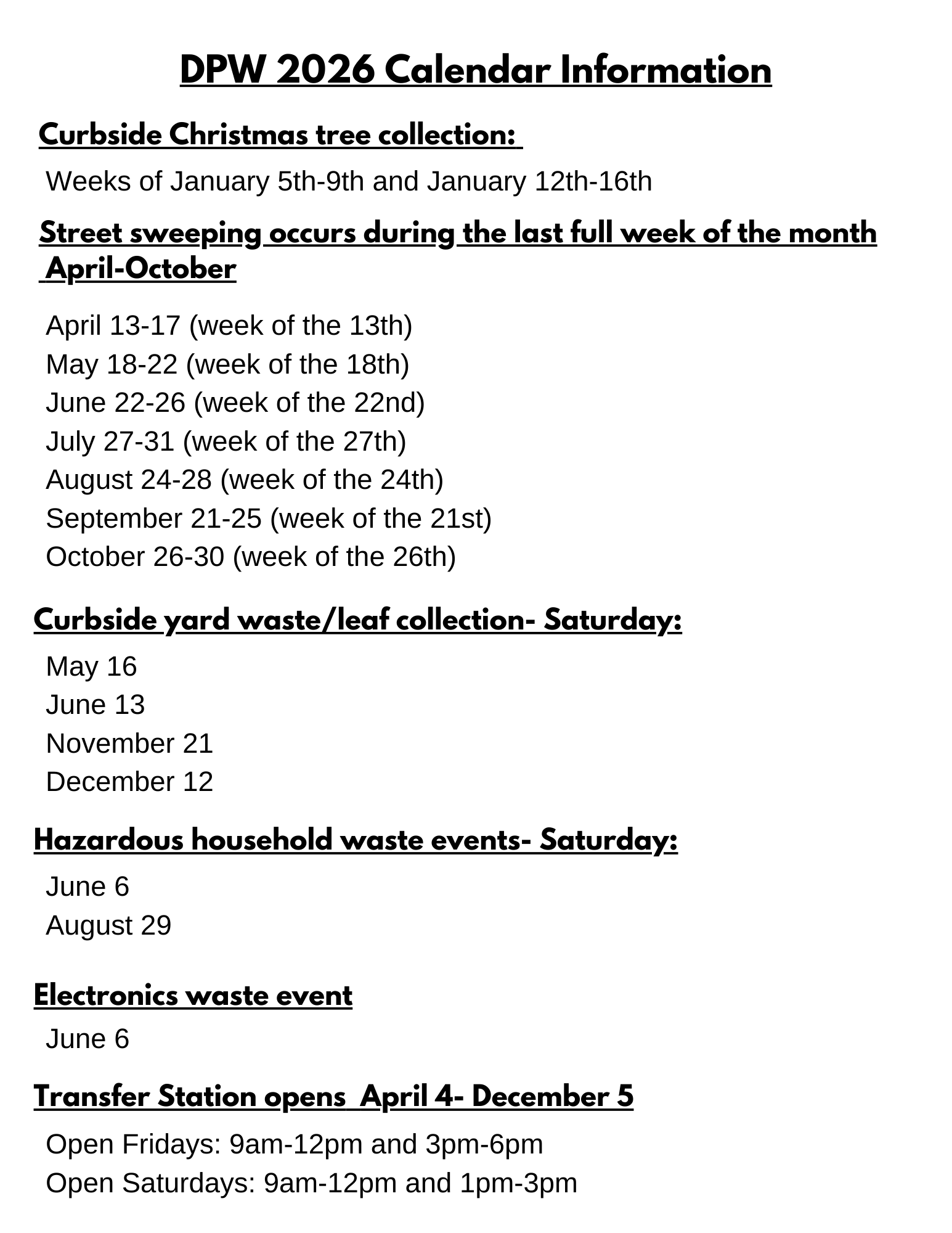 DPW 2026 Calendar Information 