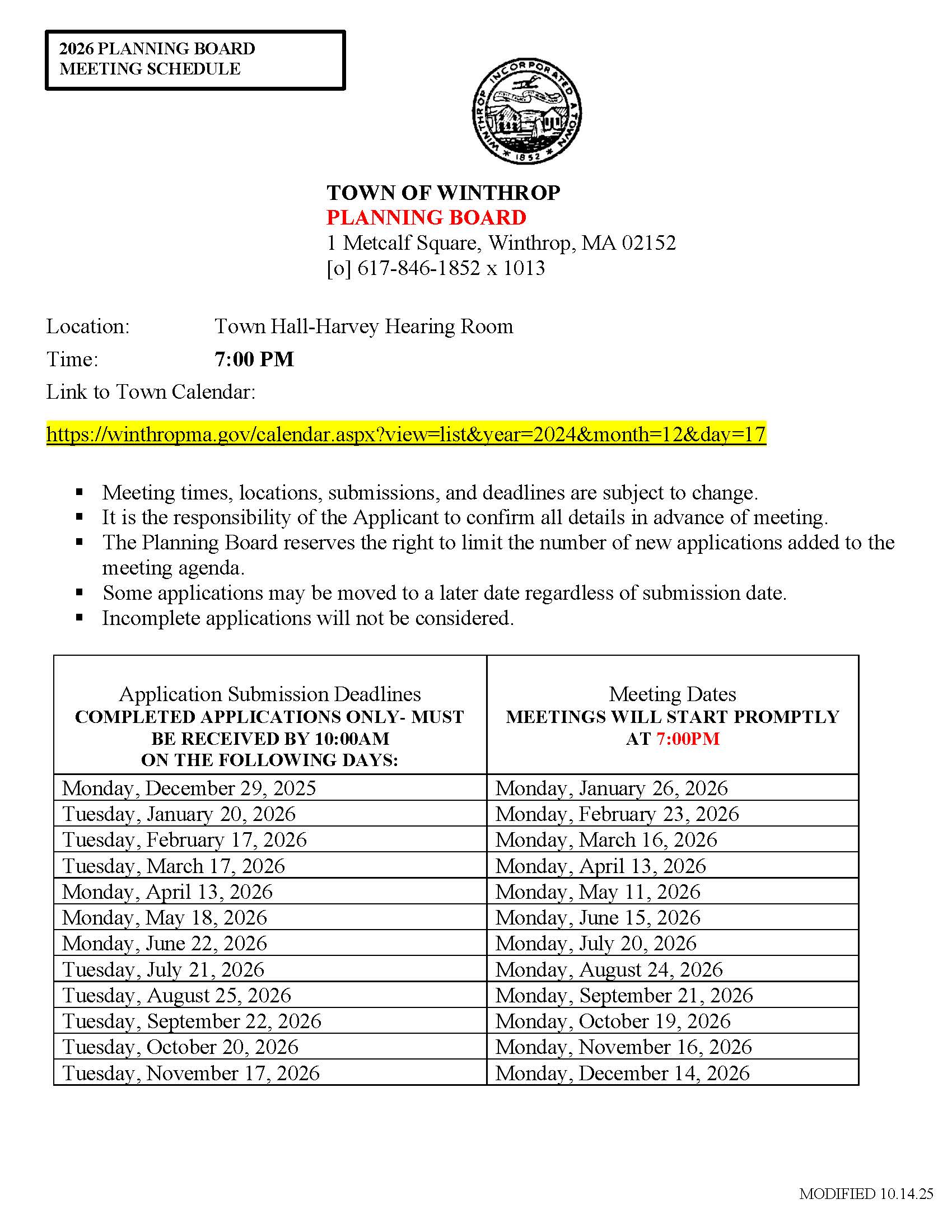 2026 Planning Board Meeting Schedule-Final