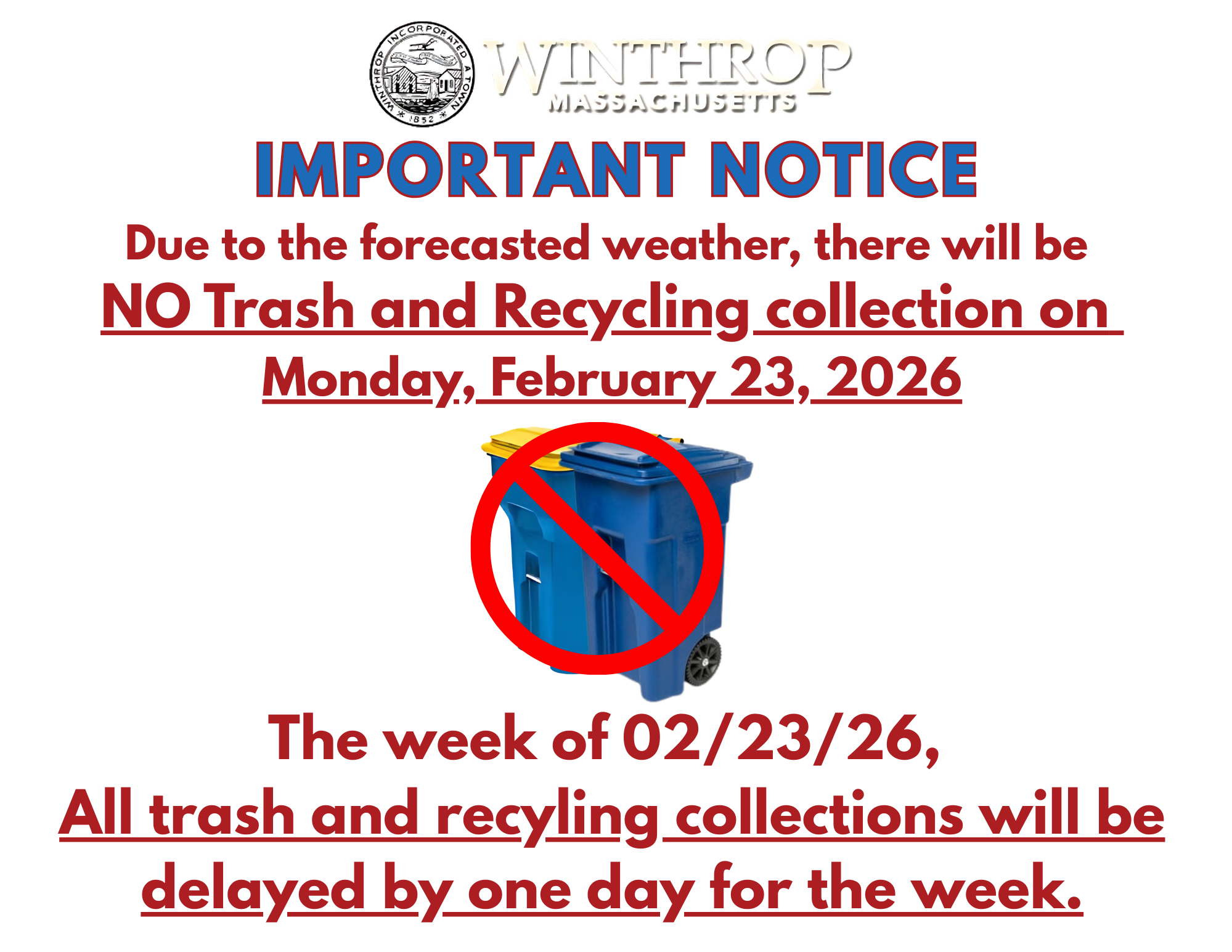 Trash and recycling cancellation for Monday, February 23, 2026